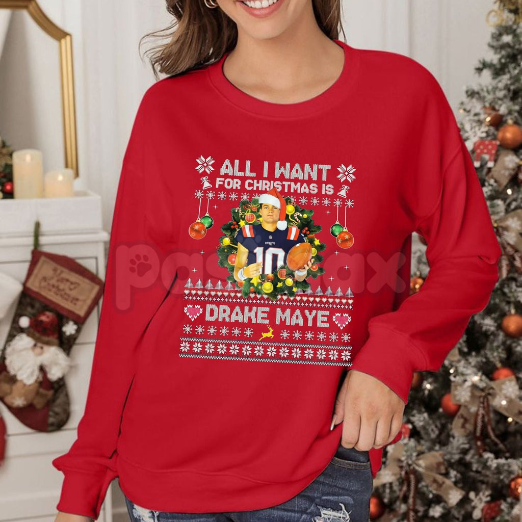 Pasimax All I Want For Christmas Is Drake Maye Sweatshirt | UNC QB Football Fan Jumper | NFL Draft Prospect Holiday Crewneck 