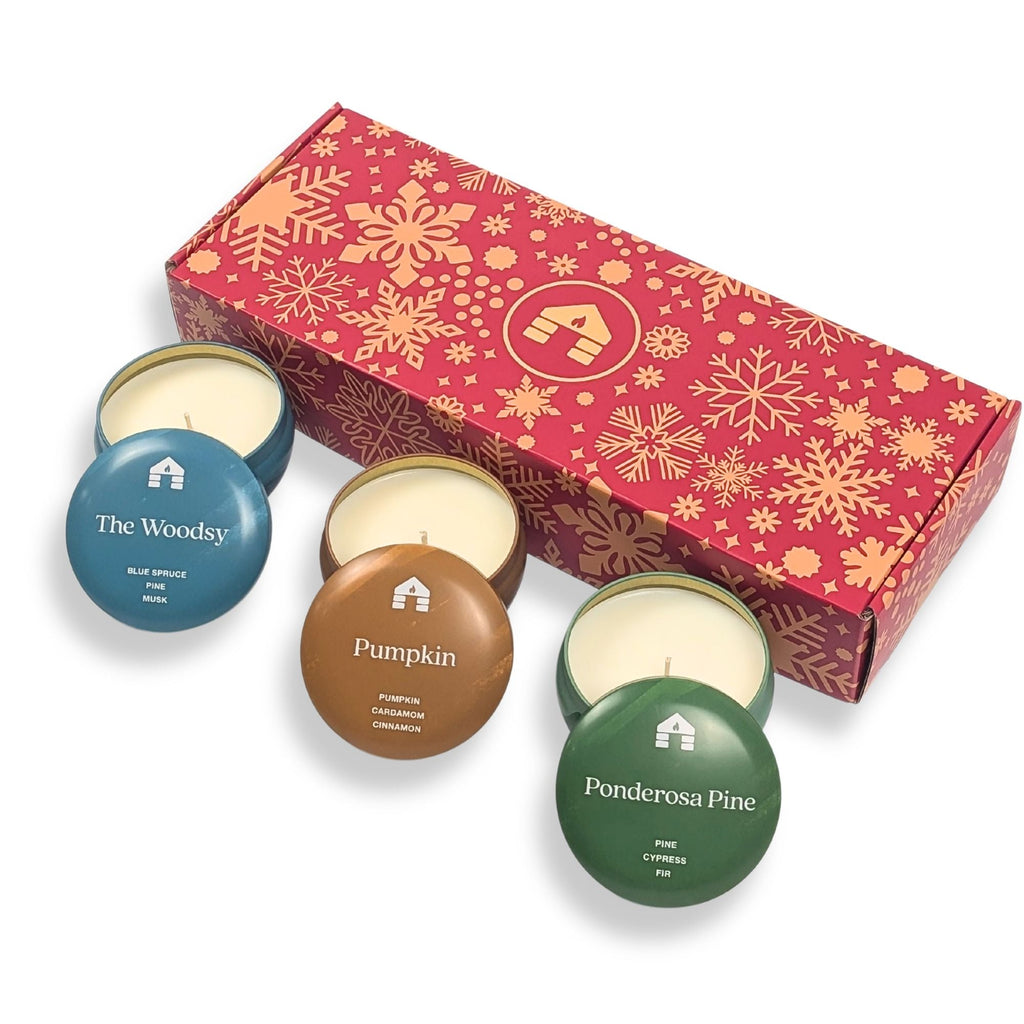 Bluecorn Candles Scented Candle Gift Set - Three 8oz Aromática Coconut Wax Candle Tins - Pumpkin, Pine & Woodsy — main product shot