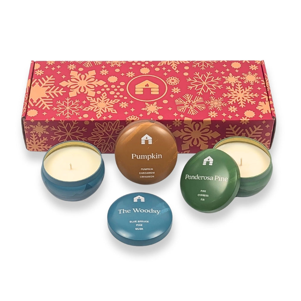Bluecorn Candles Scented Candle Gift Set - Three 8oz Aromática Coconut Wax Candle Tins - Pumpkin, Pine & Woodsy — scale reference