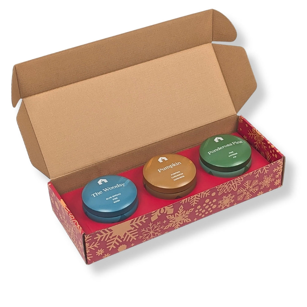 Bluecorn Candles Scented Candle Gift Set - Three 8oz Aromática Coconut Wax Candle Tins - Pumpkin, Pine & Woodsy — packaging or label