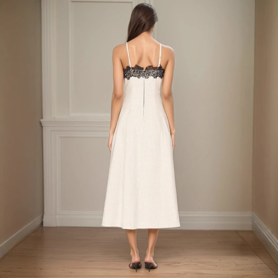 Off White Lace Contrast Camisole Midi Dress – Spaghetti Strap
