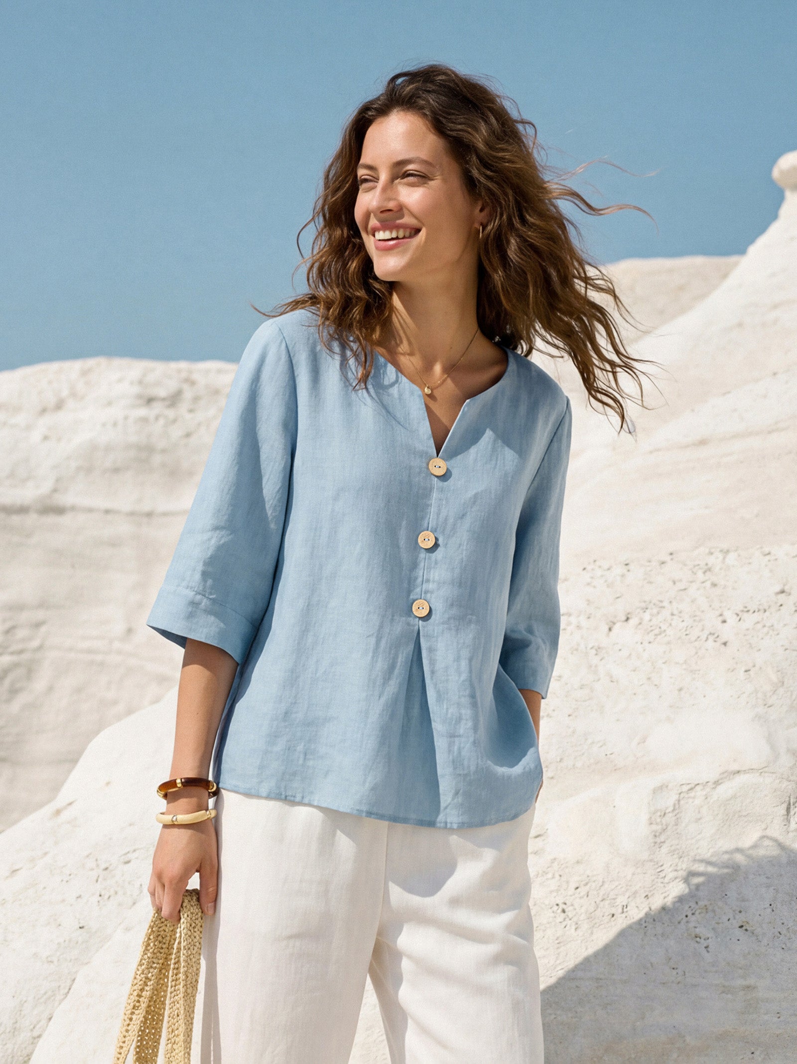 LINTICO 100% Linen Split Neck Inverted Pleat Top TABITHA — construction detail