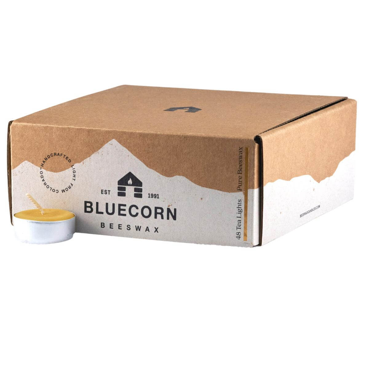 Bluecorn Candles Pure Beeswax Tea Light Candles — branding close-up