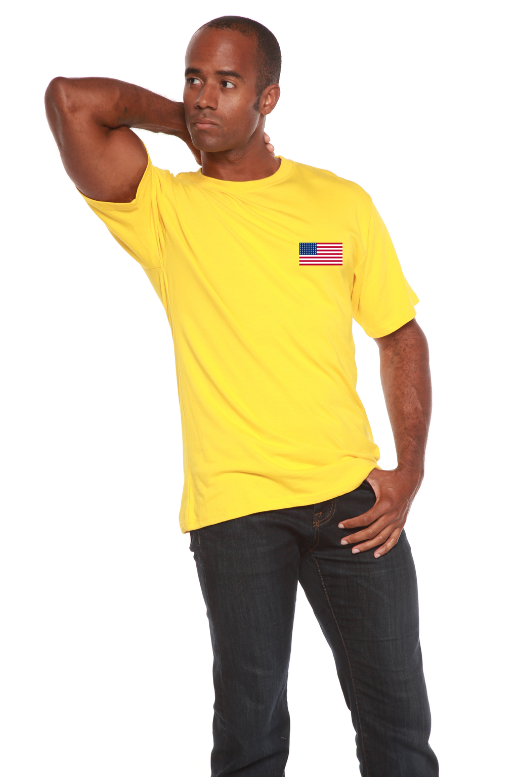 Spun Bamboo American Flag Men's Bamboo Viscose/Organic Cotton Short Sleeve Graphic T-Shirt — in-use photo