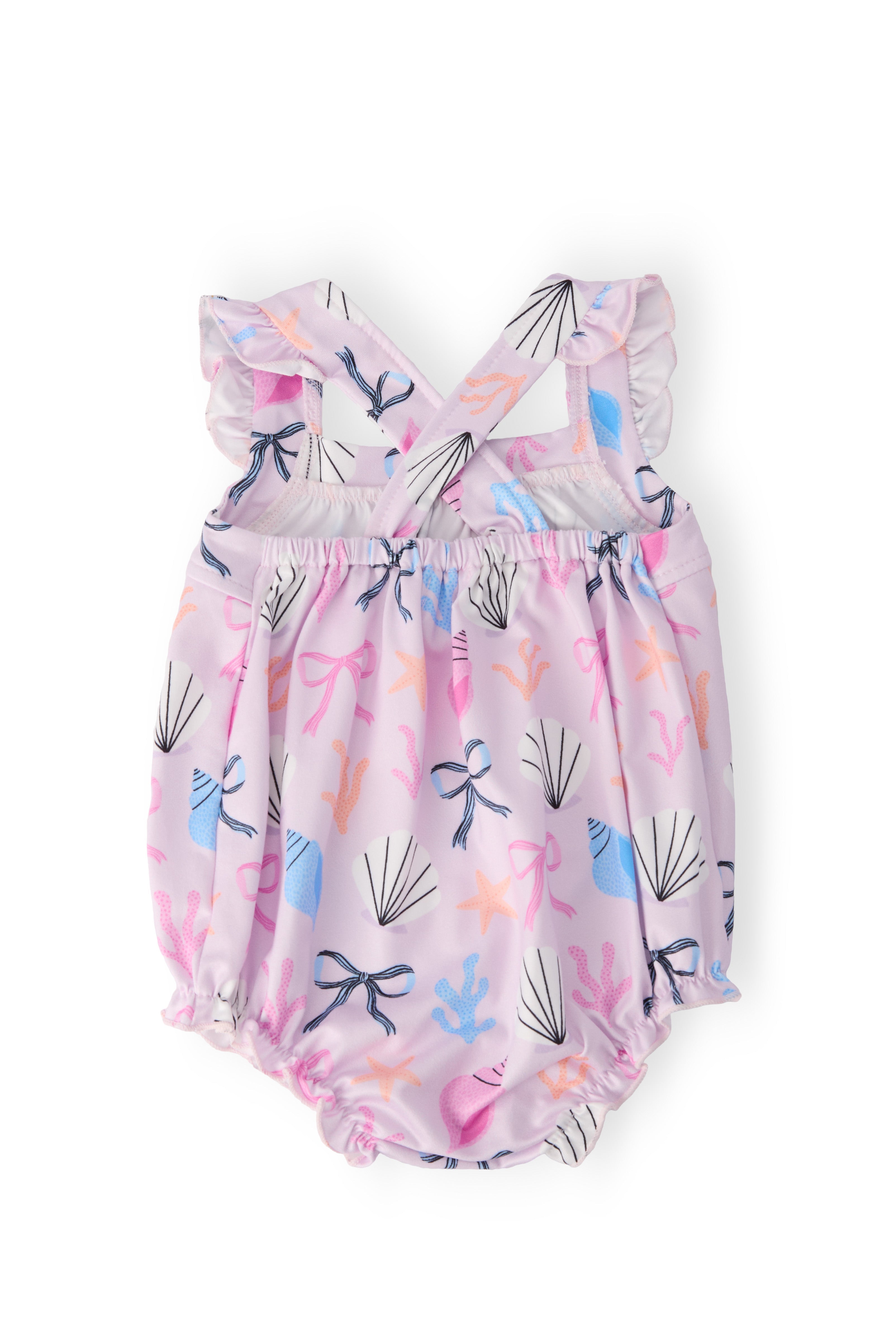 Mila & Rose ® Beachside Bows Ruffle Cross Back Romper — detail close-up