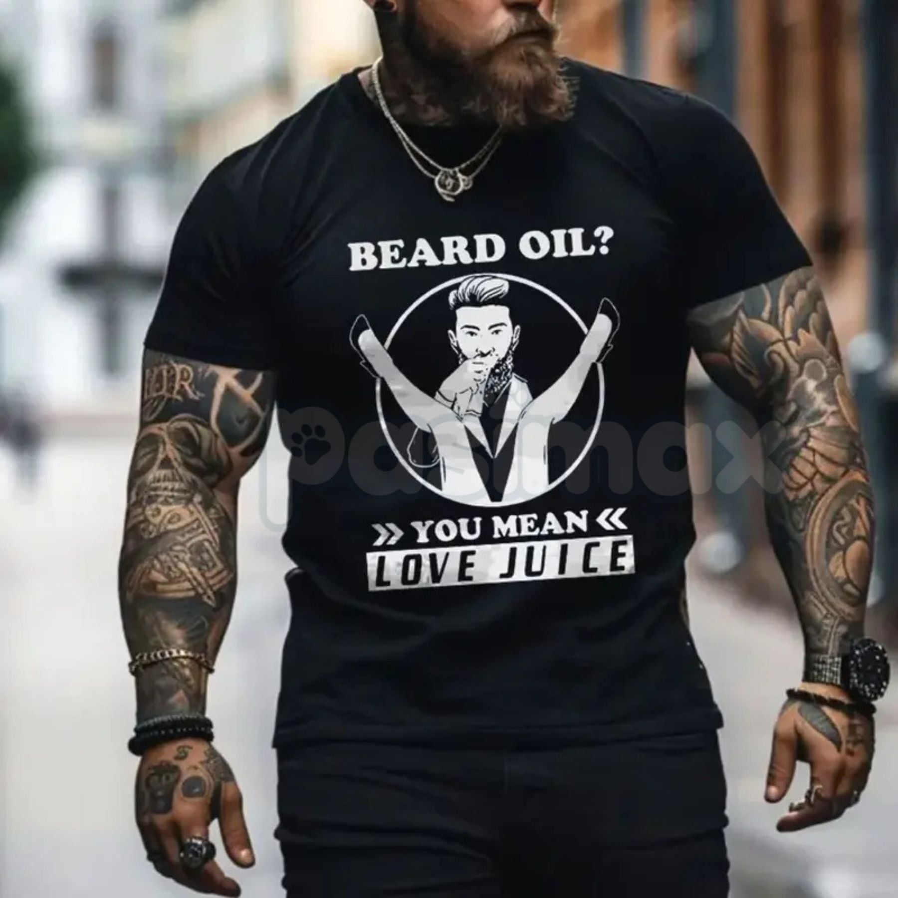 Pasimax "Beard Oil? You Mean Love Juice" T-Shirt - Funny Men's Beard Grooming Graphic Tee, Sarcastic Facial Hair Humor Shirt,
