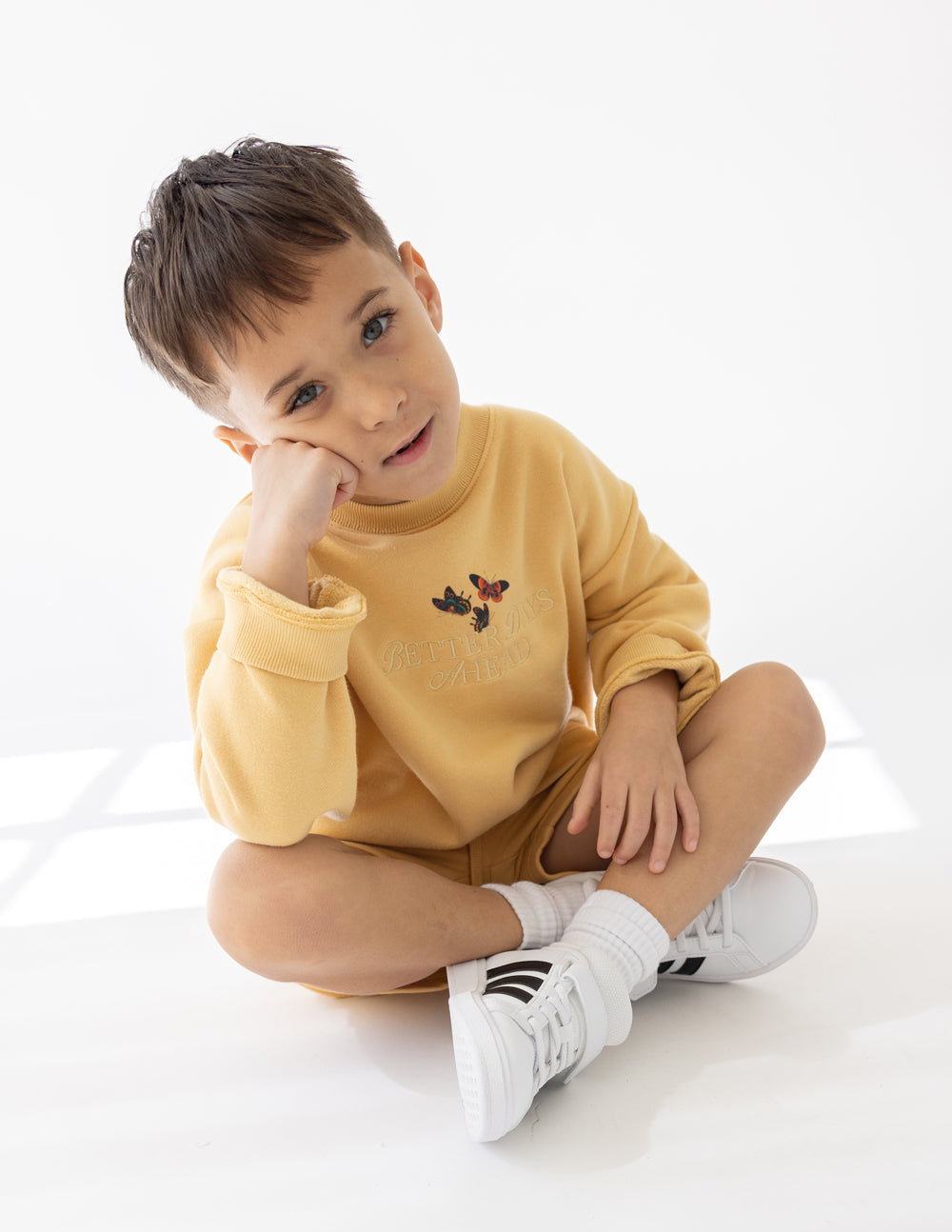 Elevated Faith Better Days Butterfly Kids Crewneck — detail close-up