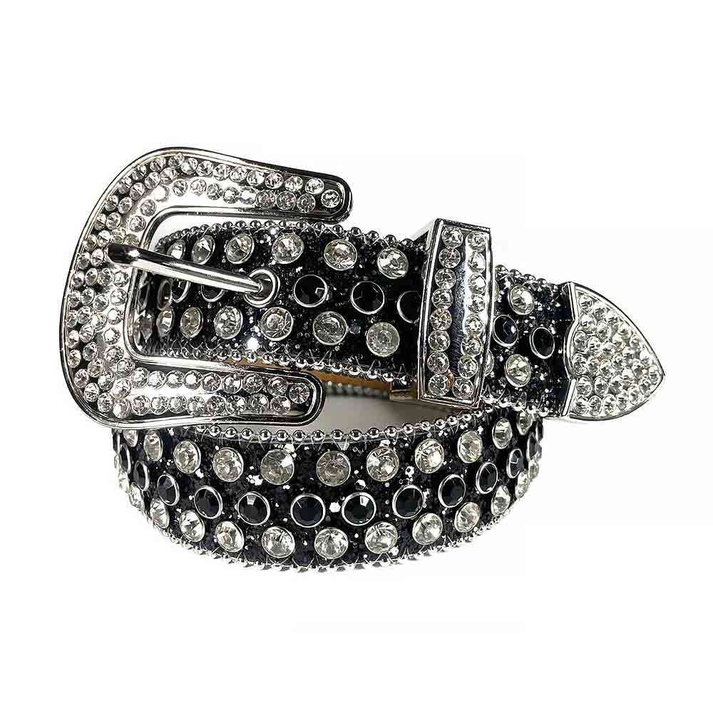 Rhinestone Belt Store Black Strap With Black & Diamond White Studded Rhinestone BB Belt — detail close-up