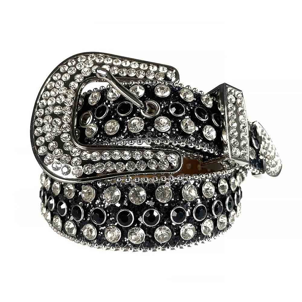 Rhinestone Belt Store Black Strap Black & Diamond White (Variant) Rhinestone Western Belt with BB Buckle — bb buckle buckle macro shot