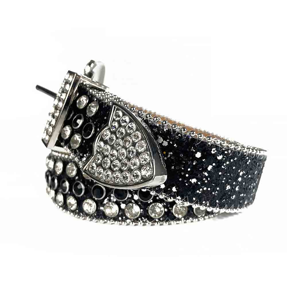 Rhinestone Belt Store Black Strap Black & Diamond White (Variant) Rhinestone Western Belt with BB Buckle — black strap texture and hardware