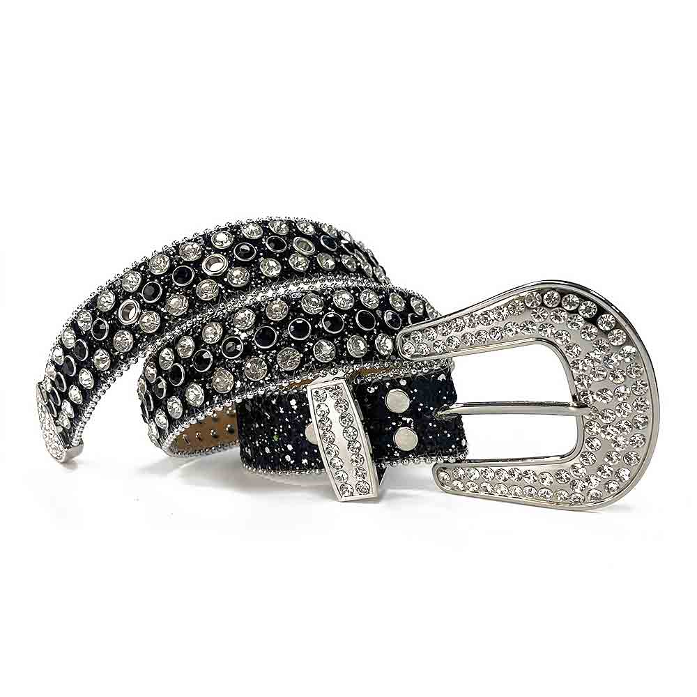 Rhinestone Belt Store Black Strap With Black & Diamond White Studded Rhinestone BB Belt — back view