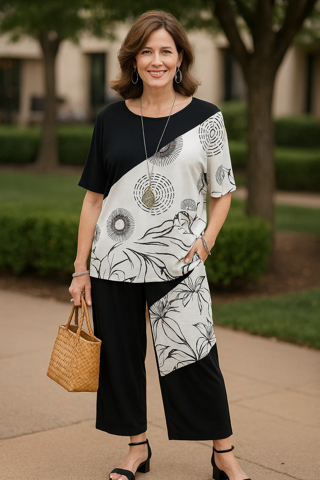 KADOU BOUTIQUE Black And White Woven Top — main product shot