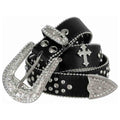 Rhinestone Belt Store Black Strap Cross Stones + Studs + White (Variant) Rhinestone Western Belt with Cross Buckle — belt full product shot