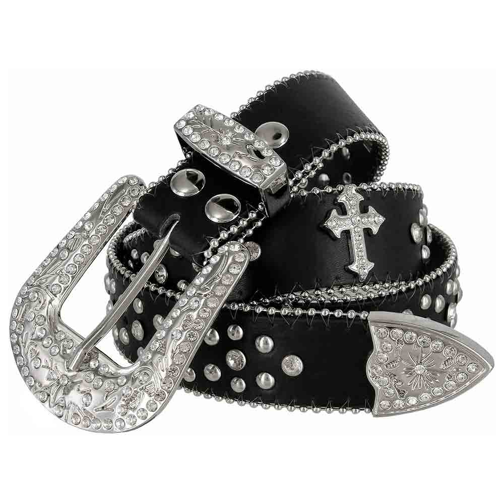 Rhinestone Belt Store Black Strap Cross Stones + Studs + White (Variant) Rhinestone Western Belt with Cross Buckle — belt full product shot