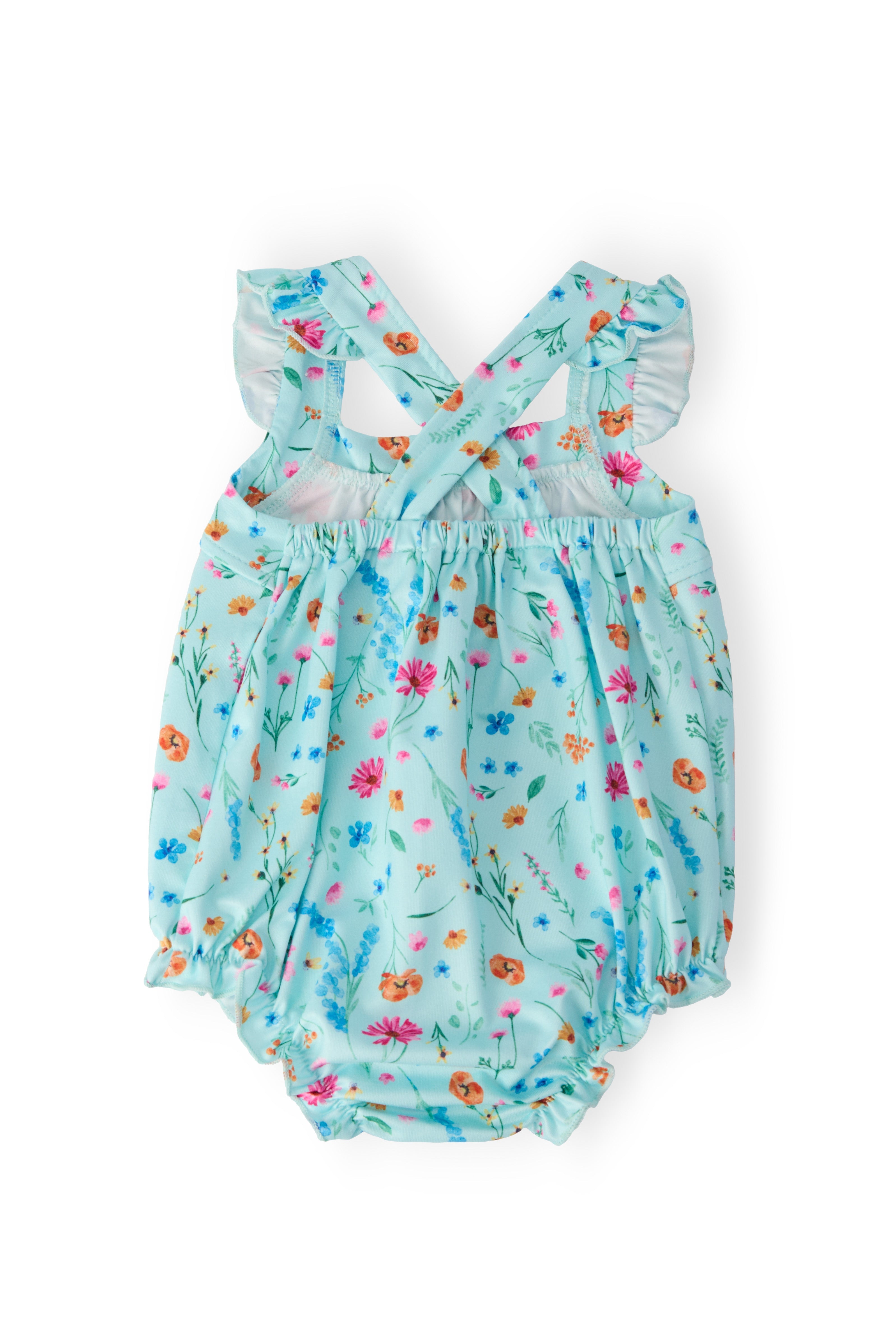 Mila & Rose ® Bluebell Breeze Ruffle Cross Back Romper — detail close-up
