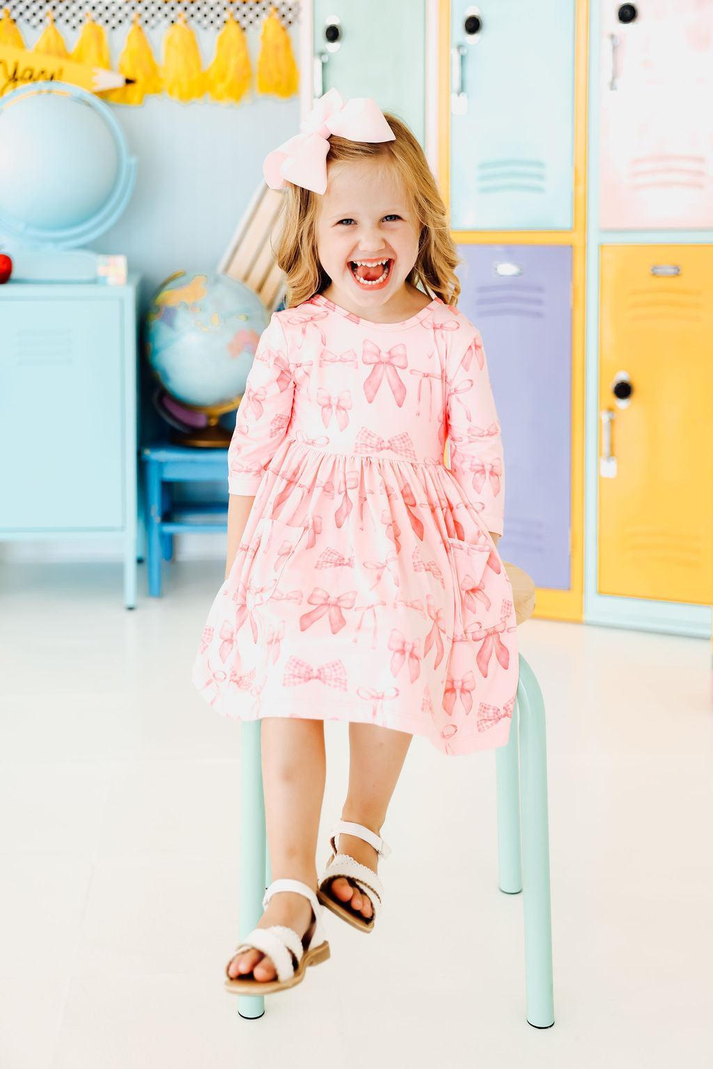 Mila & Rose ® Blushing Bows 3/4 Sleeve Pocket Twirl Dress — main product shot