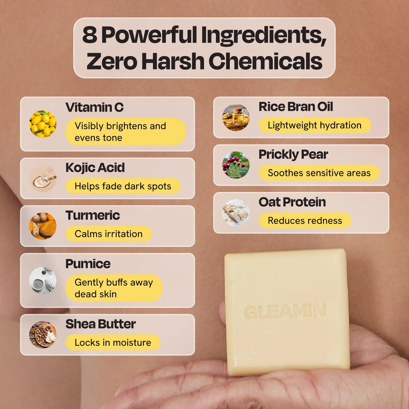 Gleamin Glow Body Bar — minimalist bath flatlay