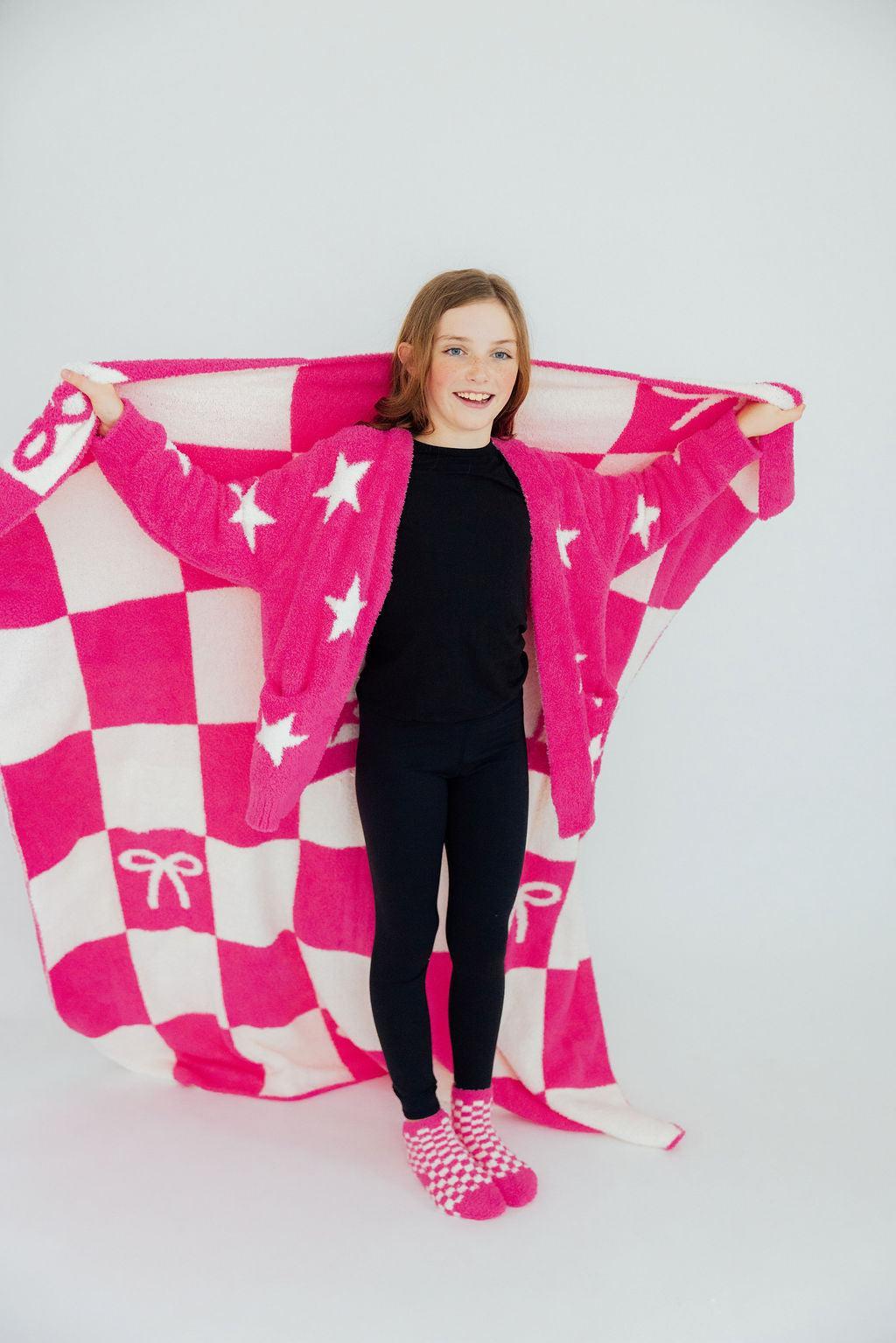 Mila & Rose ® Bright Pink Checker Cozy Socks — detail close-up