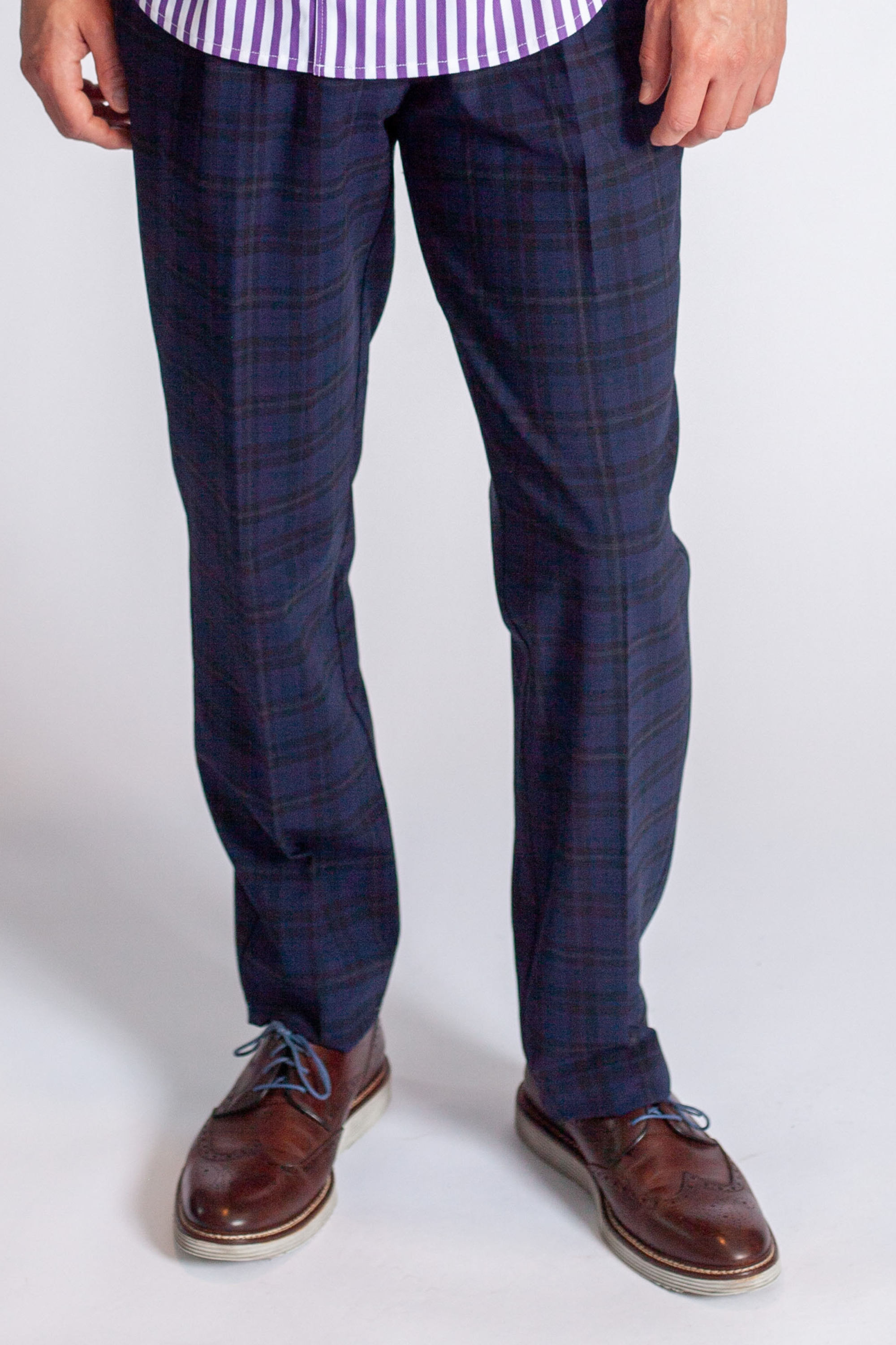 Buki Pleated Wool Trouser Pants - Navy Plaid — lifestyle context