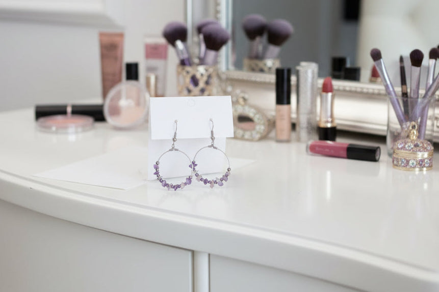 Just Neat Stuff Amethyst hoop drops — side view
