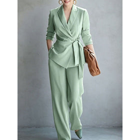 Women's Belted Blazer Wrap Top & Wide-Leg Trousers Suit Set