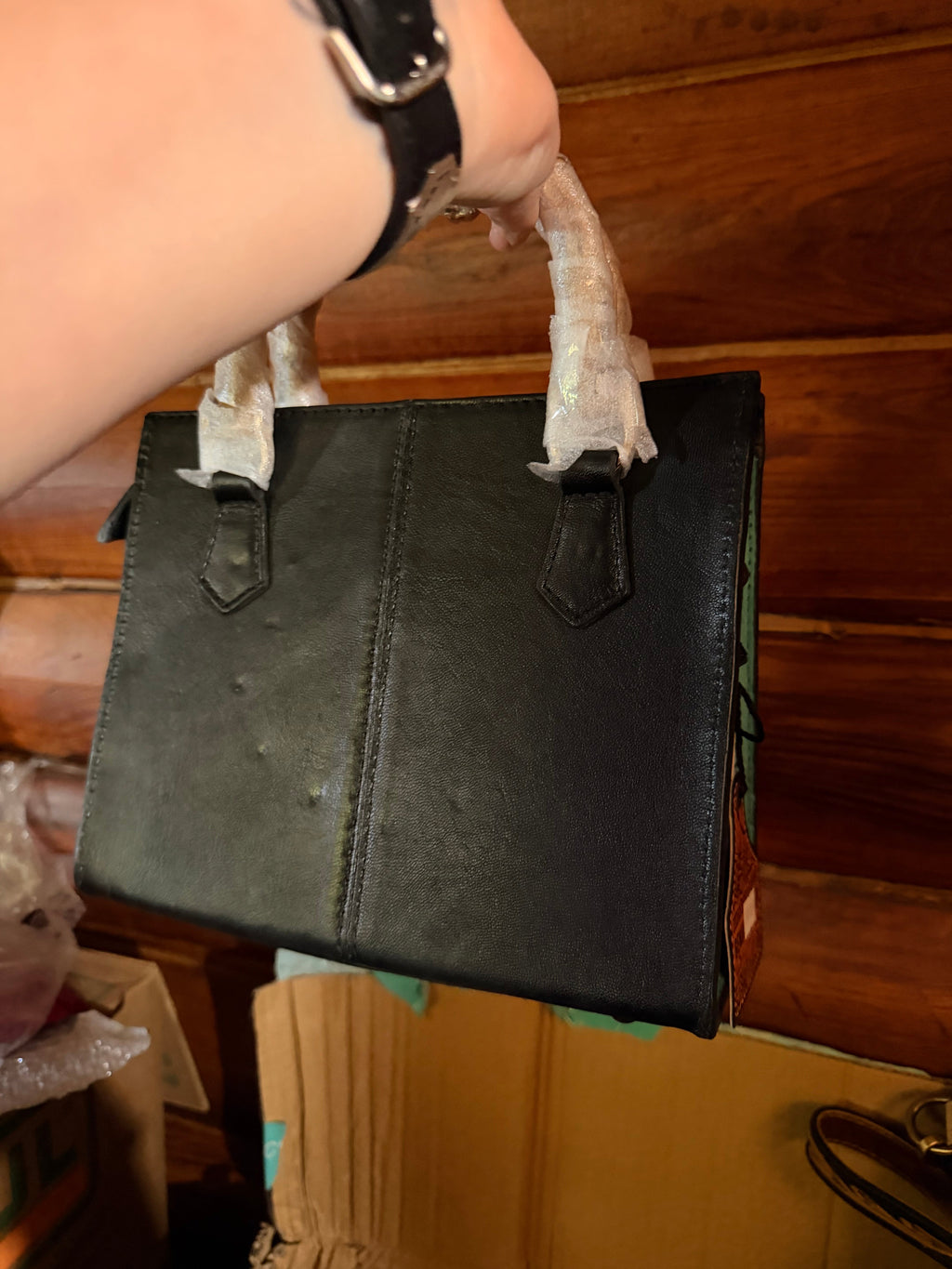 Genuine Leather, Hand Tooled, Hair on Hide Small tote with wooden handles
