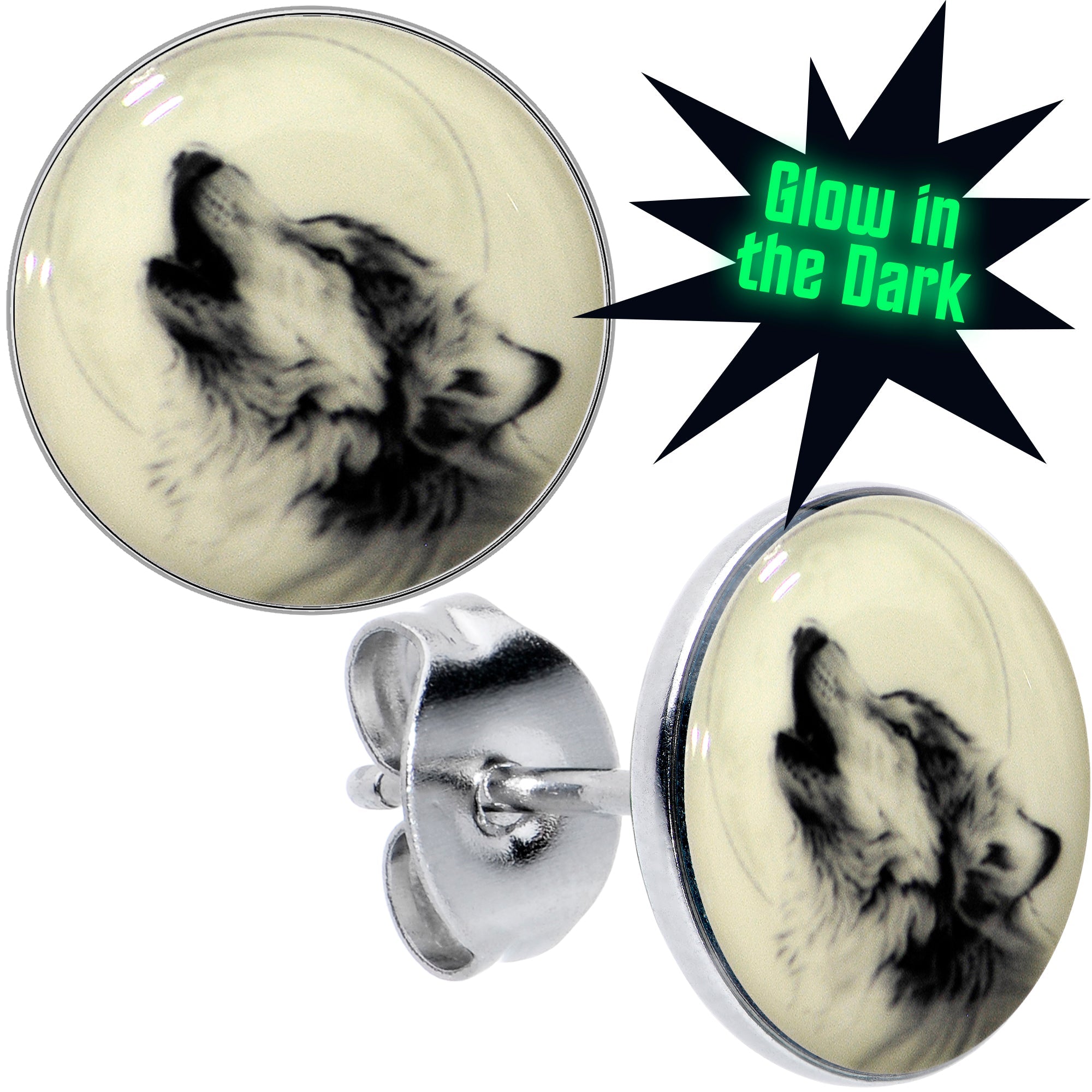 BodyCandy Glow in the Dark Howling Wolf Stud Earrings — main product shot