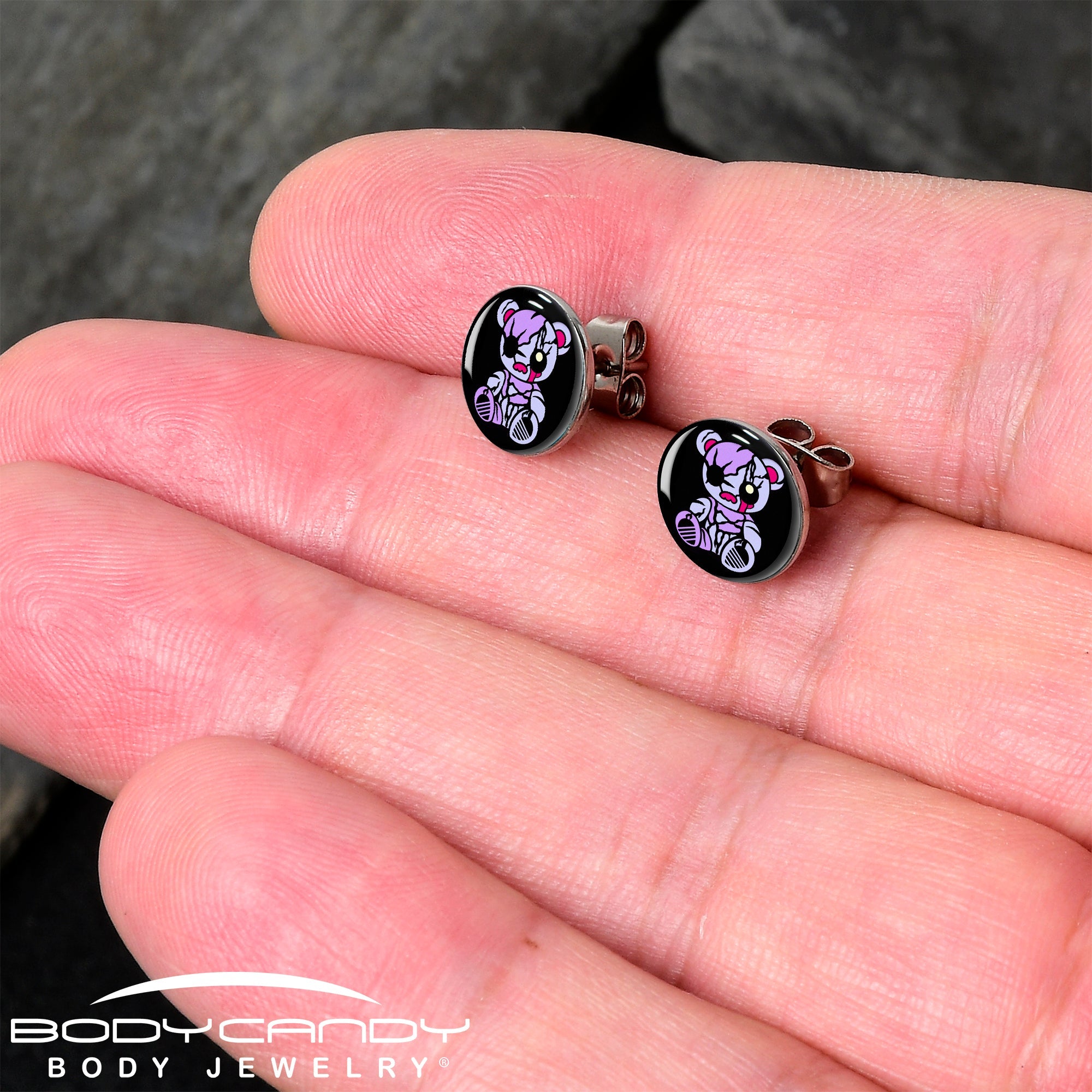 BodyCandy Attitude Teddy Bear Stud Earrings by Onyx O — detail close-up