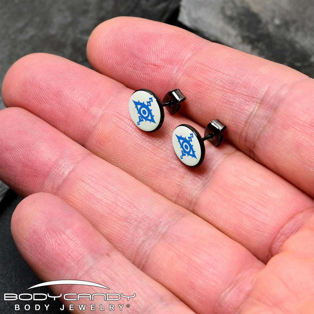 BodyCandy Black Anodized Evil Eye Glow in the Dark Stud Earrings by Onyx O — detail close-up