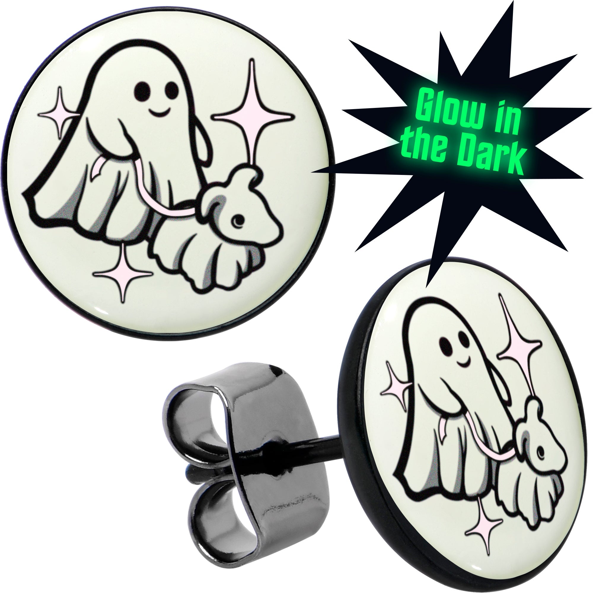 BodyCandy Black Anodized Halloween Ghost Dog Walker Glow in the Dark Stud Earrings by Onyx O — main product shot
