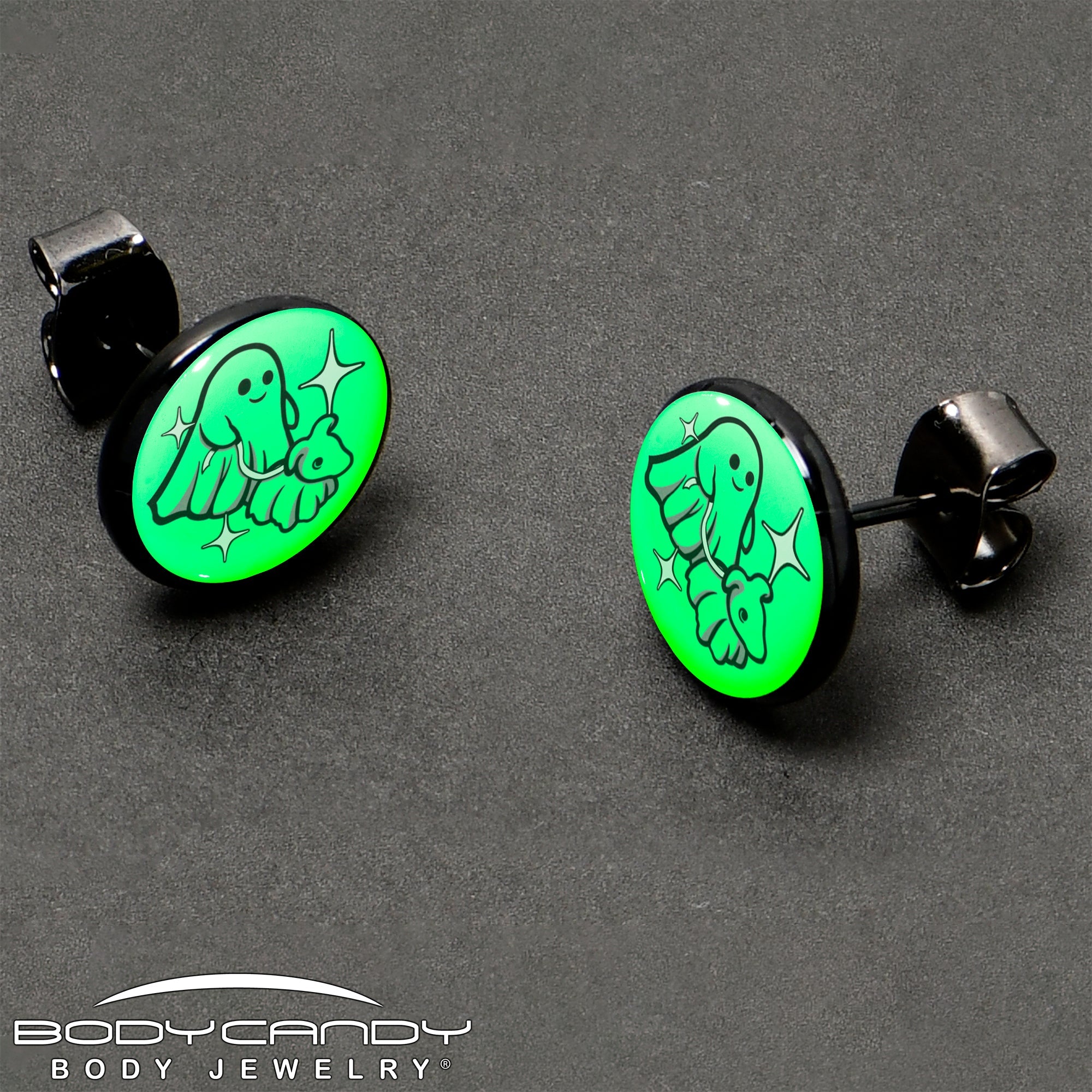 BodyCandy Black Anodized Halloween Ghost Dog Walker Glow in the Dark Stud Earrings by Onyx O — size reference