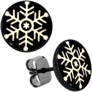 BodyCandy Black Anodized Glow in the Dark Holiday Snowflake Stud Earrings by Onyx O — main product shot