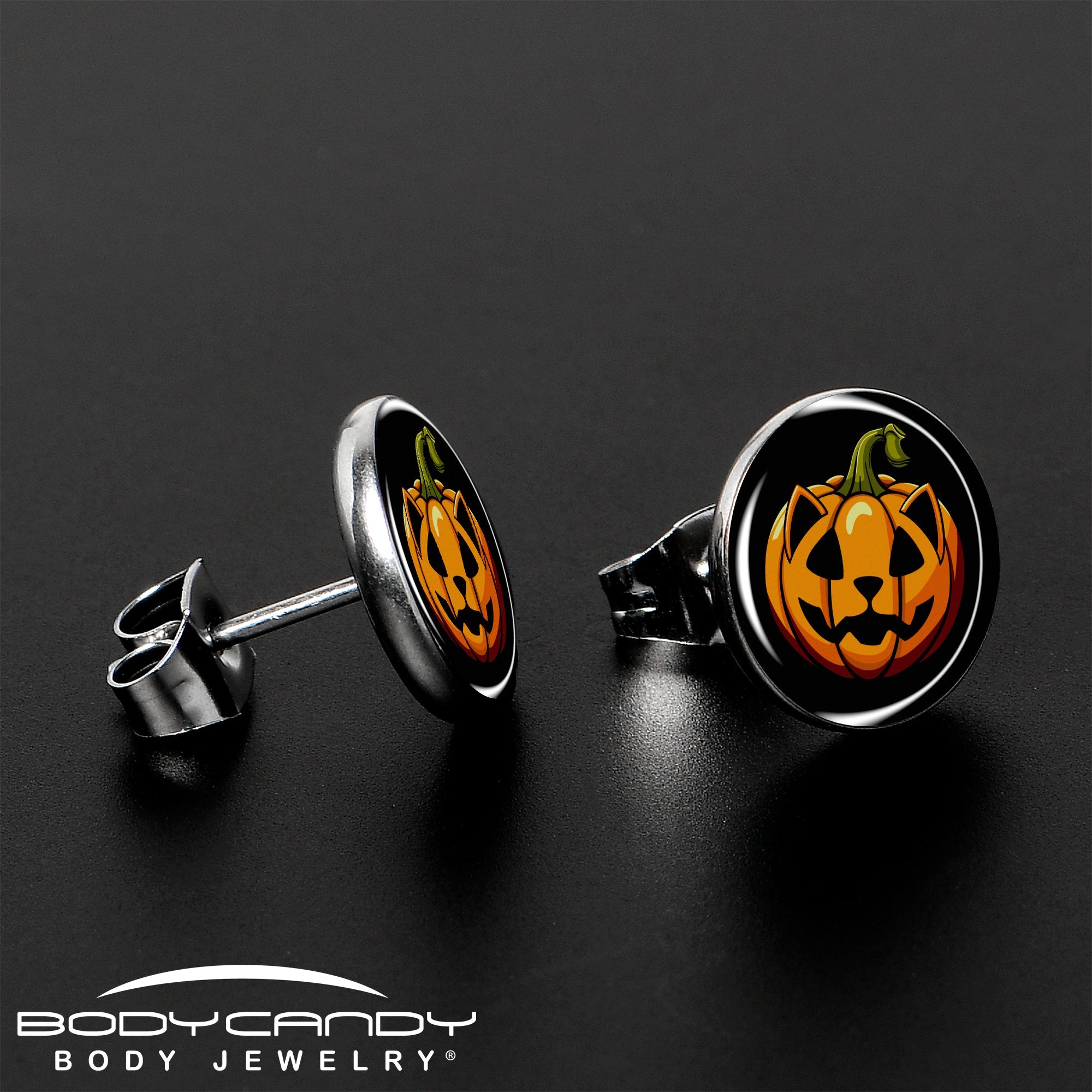 BodyCandy Orange Pumpkin Cat Jack-O-Lantern Stud Earrings by Onyx O — lifestyle context