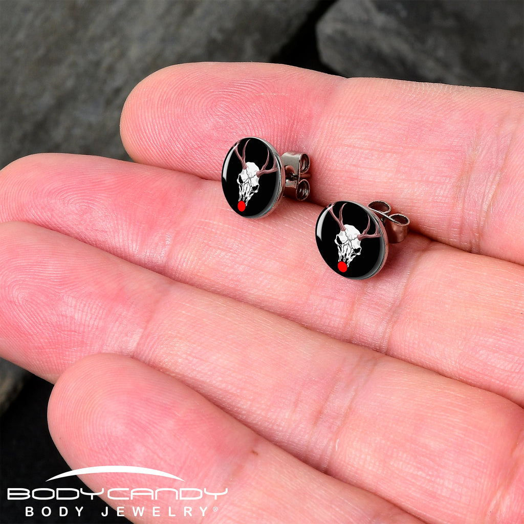 BodyCandy Holiday Dead Nosed Reindeer Stud Earrings by Onyx O — detail close-up