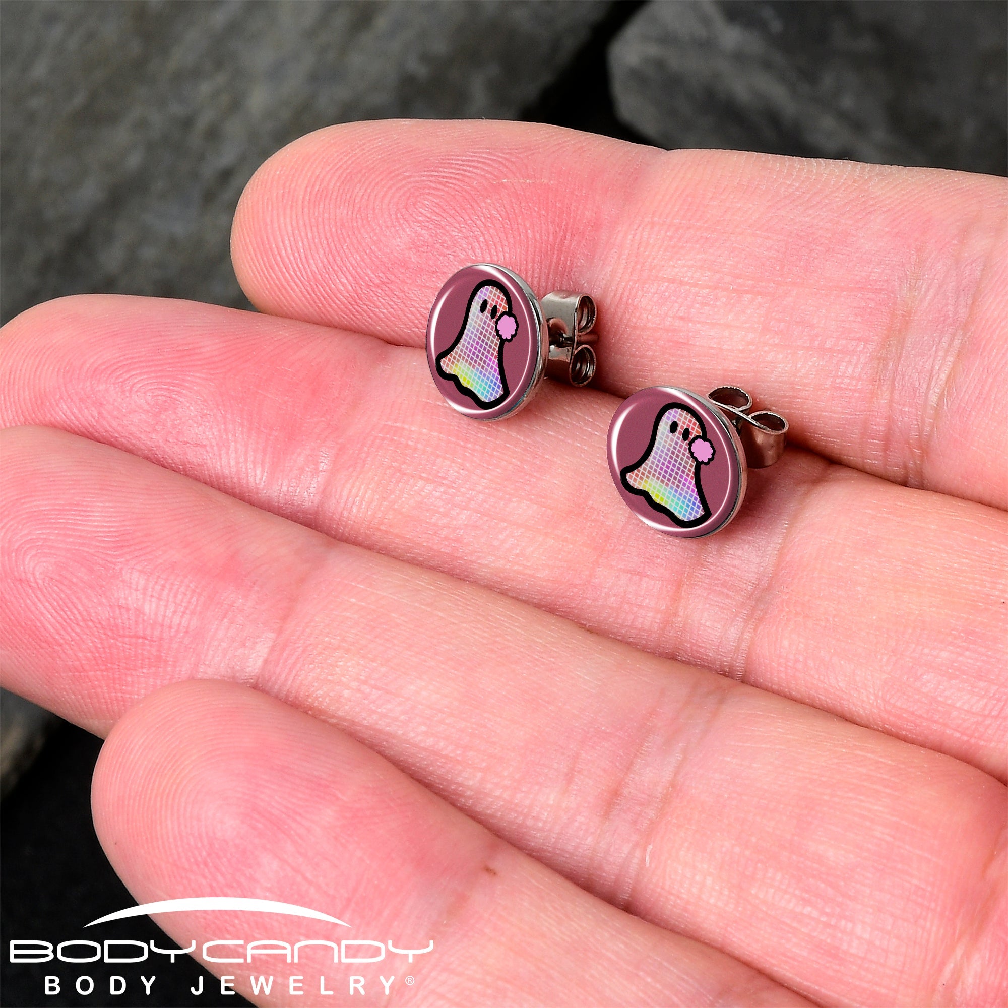 BodyCandy Disco Spirit Ghost Stud Earrings by Onyx O — detail close-up