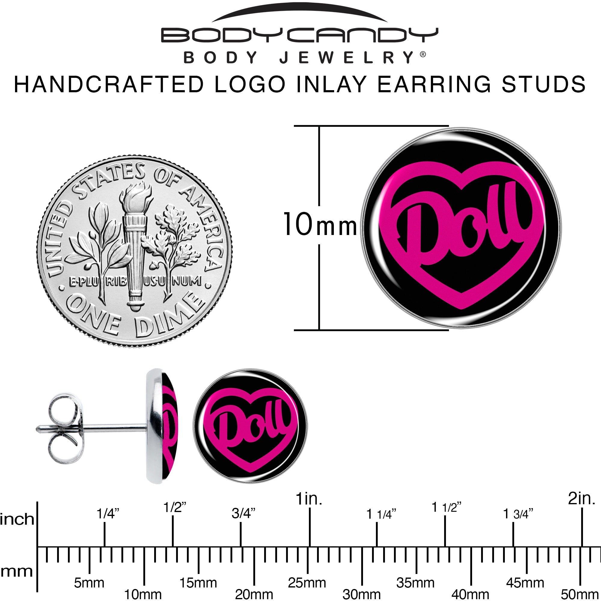 BodyCandy Hollow Heart Doll Word Stud Earrings by Onyx O — alternative angle