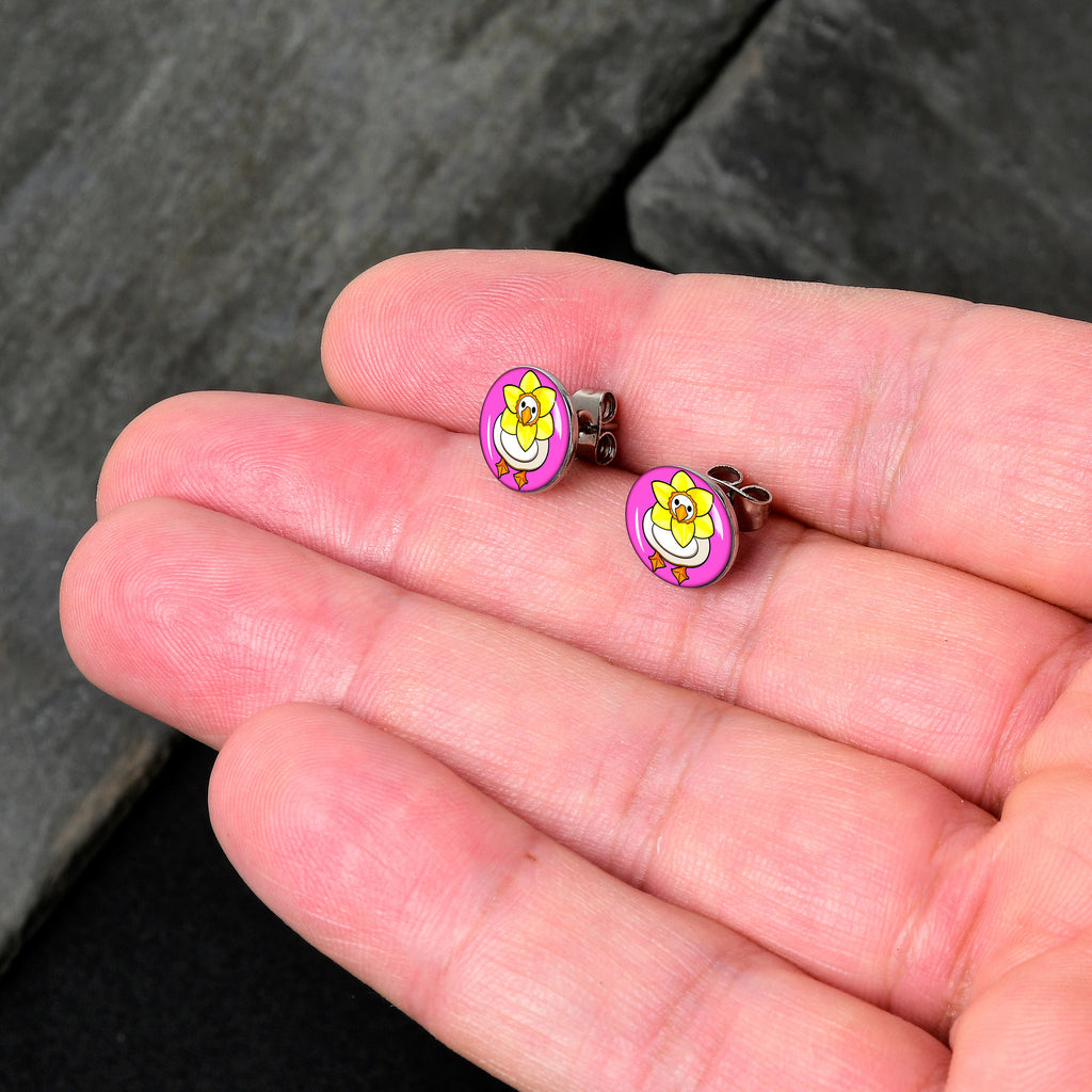 BodyCandy Daffodil Duck Stud Earrings by Onyx O — detail close-up