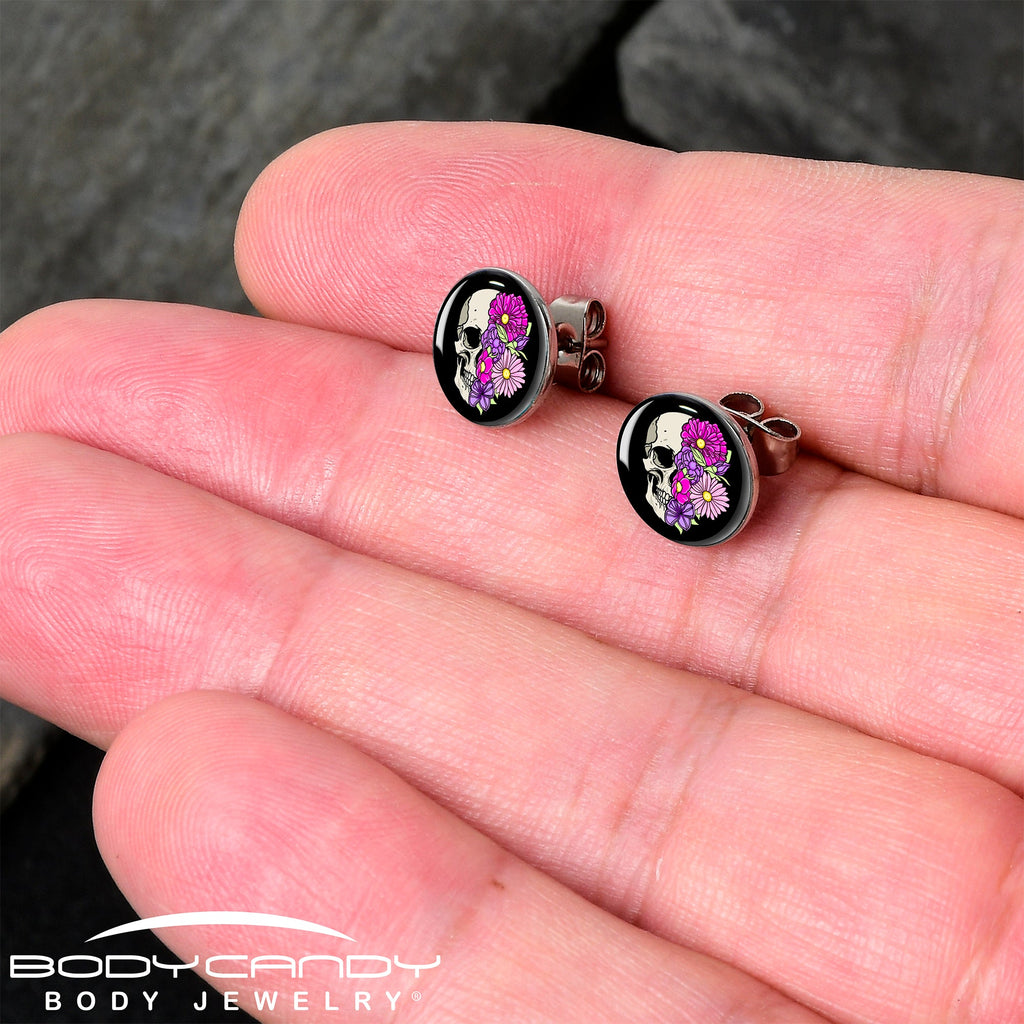 BodyCandy Floral Flowers Skull Stud Earrings by Onyx O — detail close-up