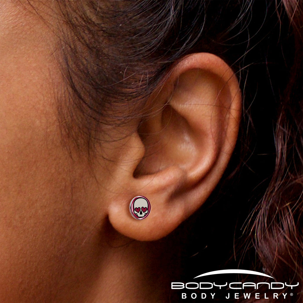 BodyCandy Valentine Heart Skull Stud Earrings — size reference