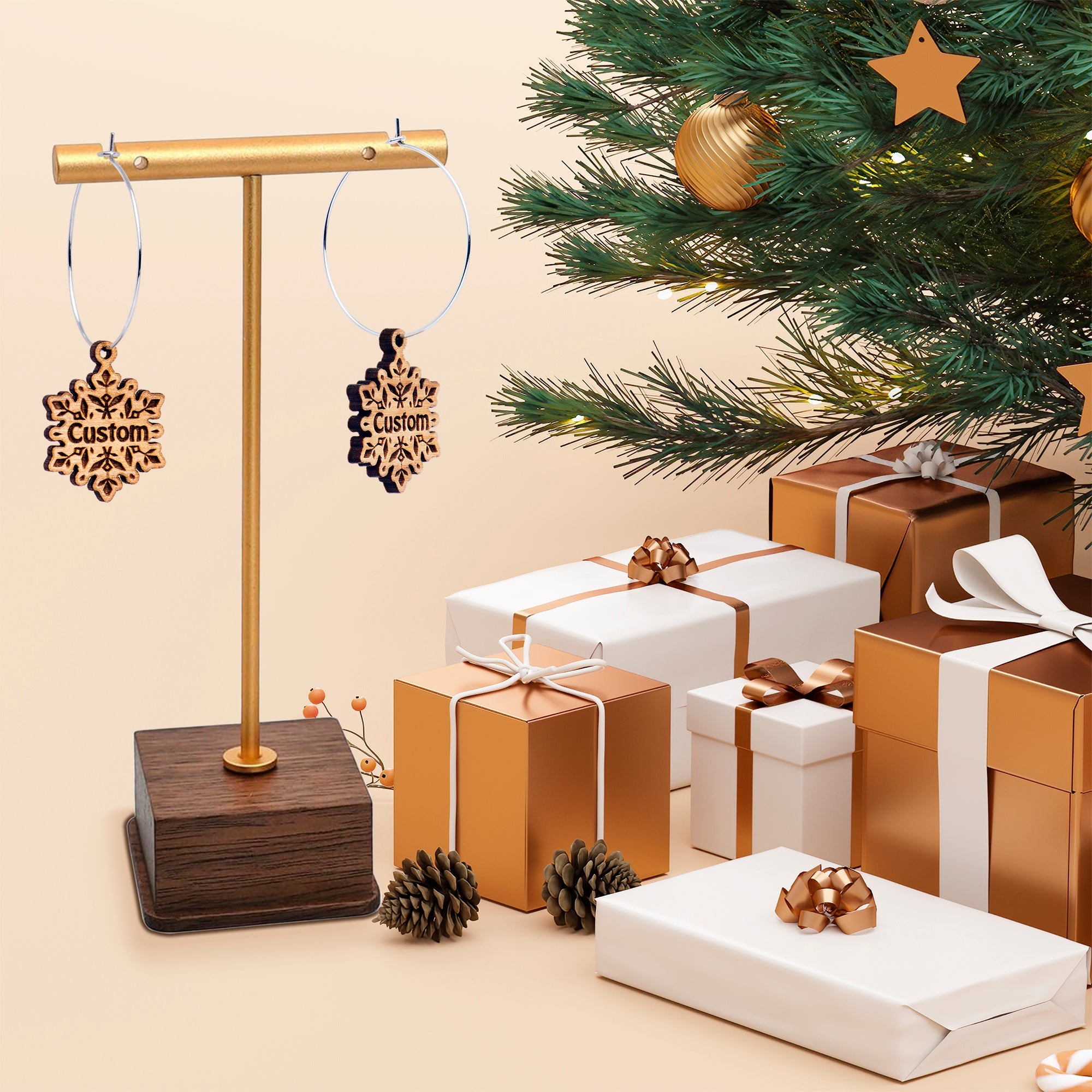 BodyCandy Custom Natural Wood Snowflake Personalized Hoop Earrings — lifestyle context