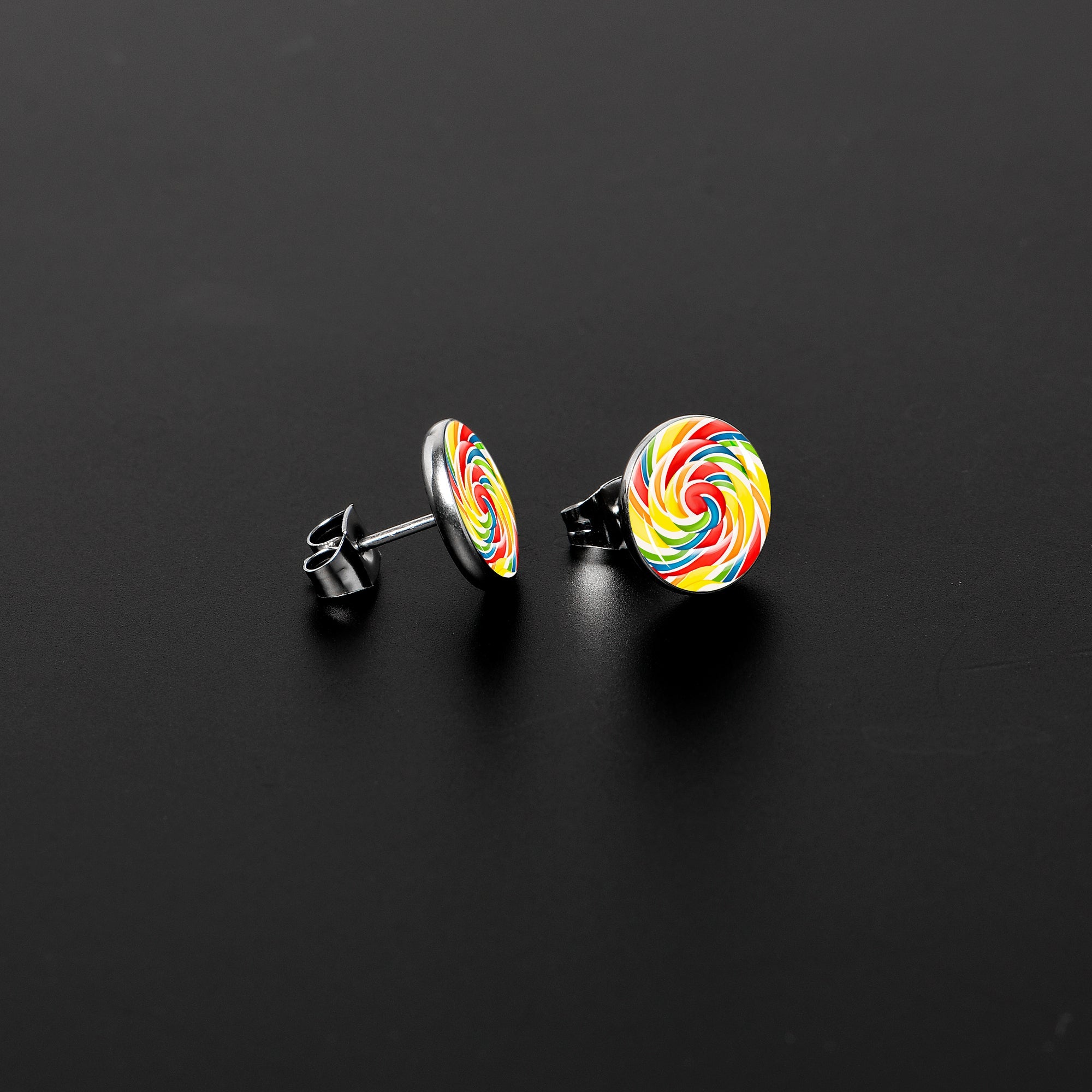 BodyCandy Rainbow Swirl Lollipop Stud Earrings by Onyx O — lifestyle context