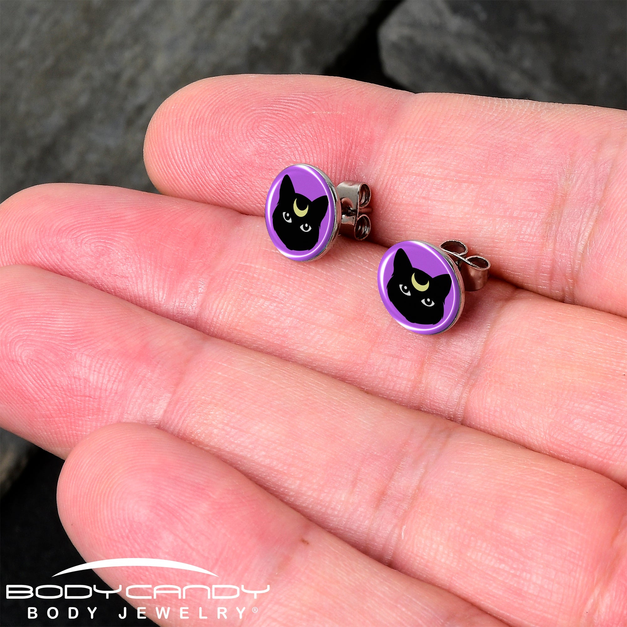 BodyCandy Black Mystic Kitty Cat Stud Earrings by Onyx O — detail close-up