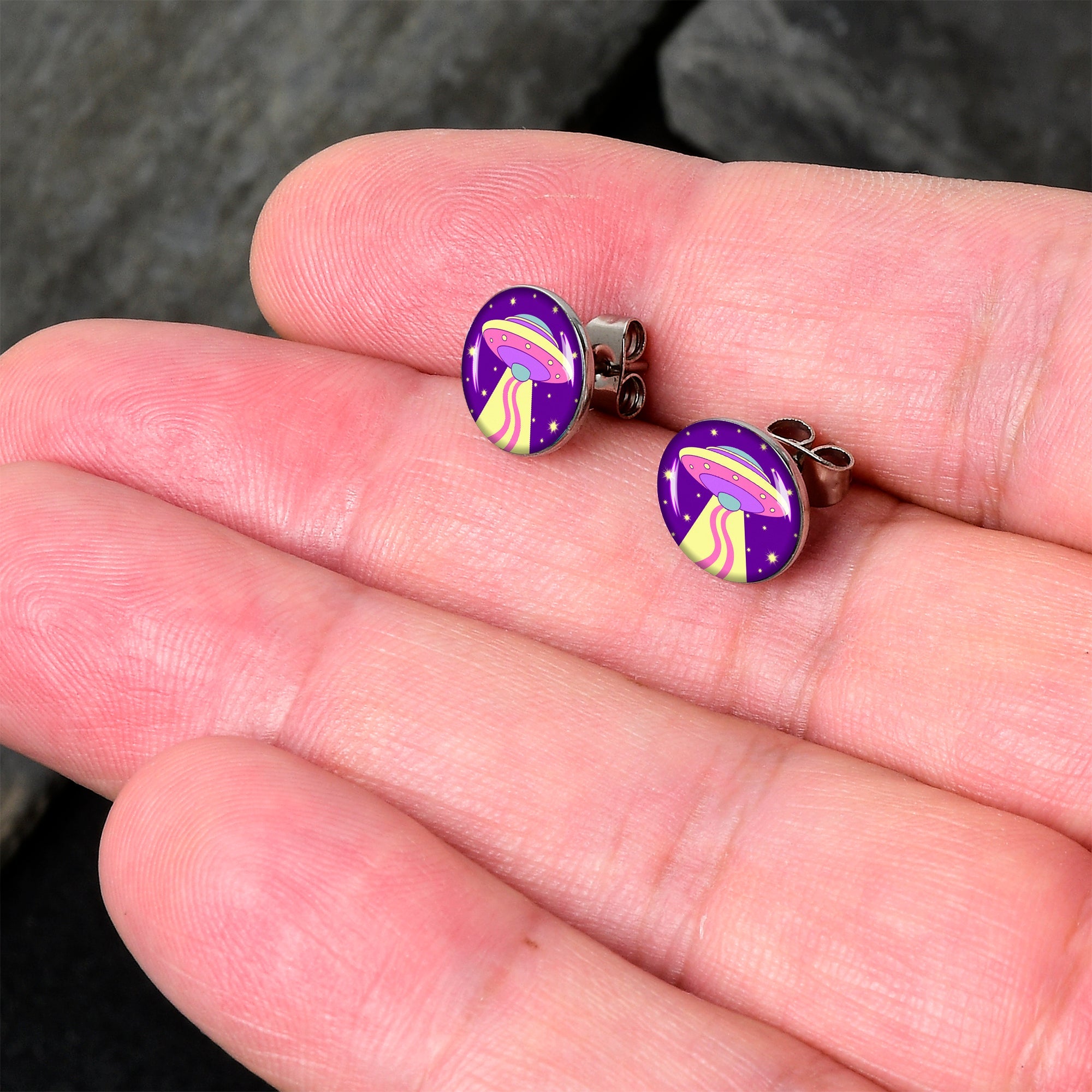 BodyCandy Style Space Invasion UFO Stud Earrings by Onyx O — detail close-up