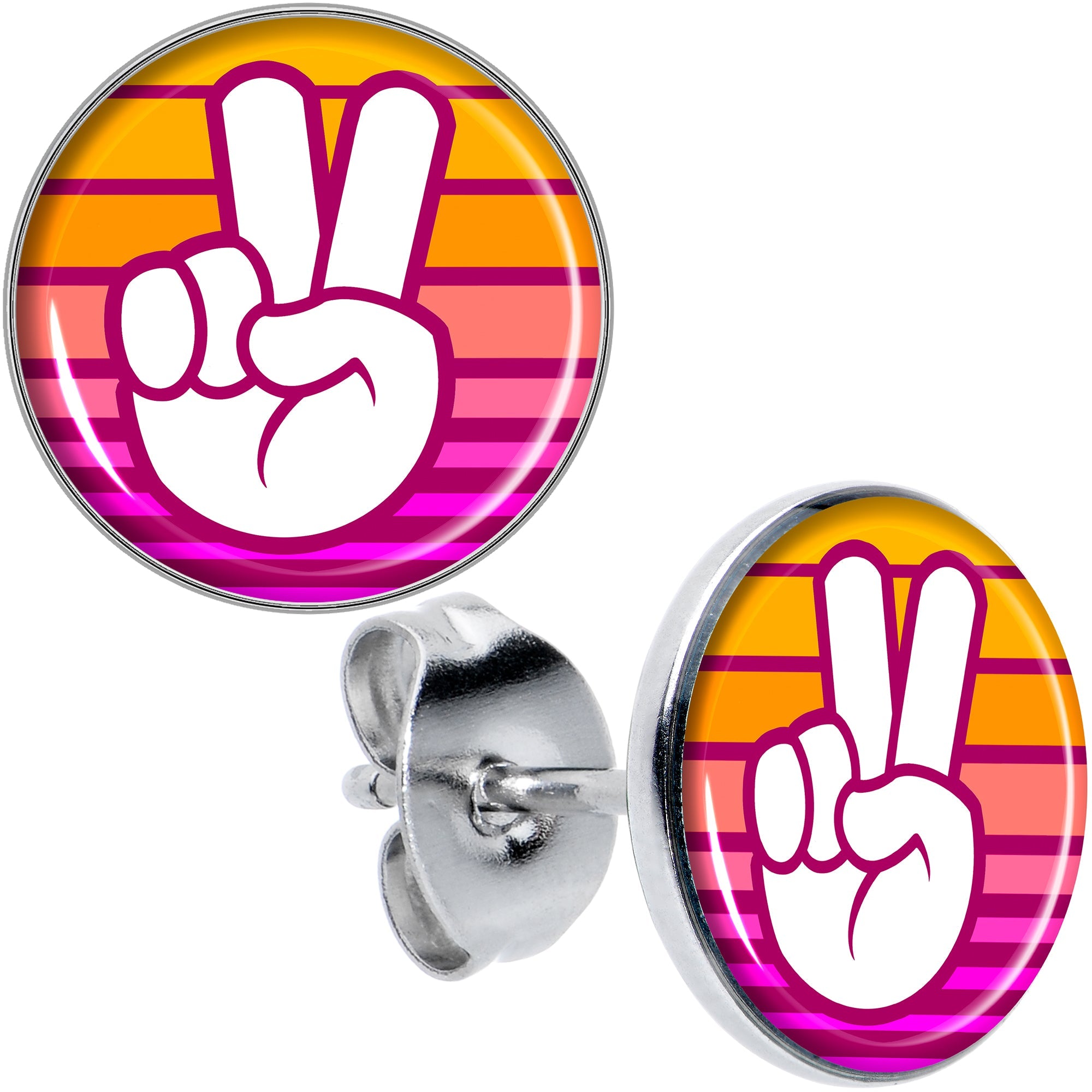 BodyCandy Retro Stripes Peace Sign Fingers Stud Earrings by Onyx O — main product shot