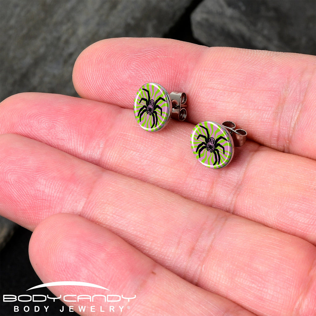 BodyCandy Psychedelic Spider Stud Earrings by Onyx O — detail close-up