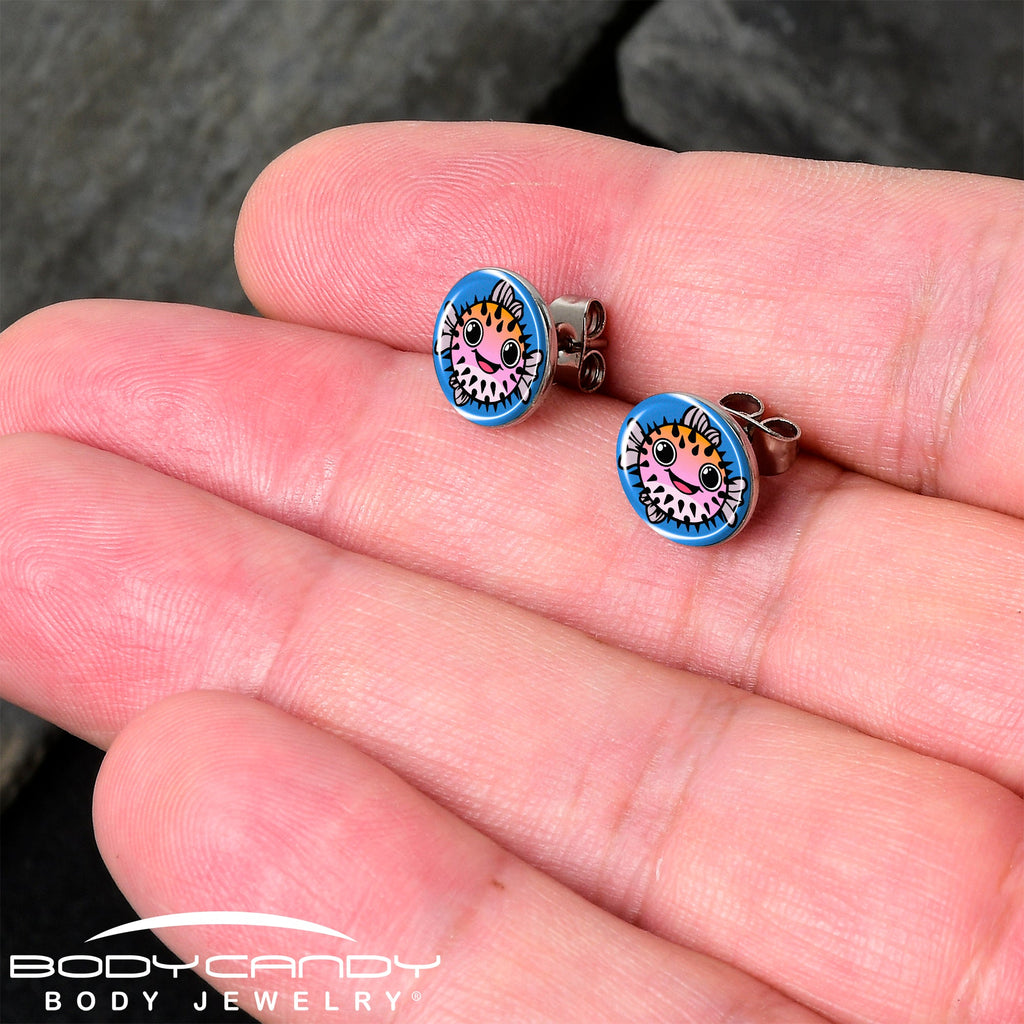 BodyCandy Swimming Pink Pufferfish Stud Earrings by Onyx O — detail close-up