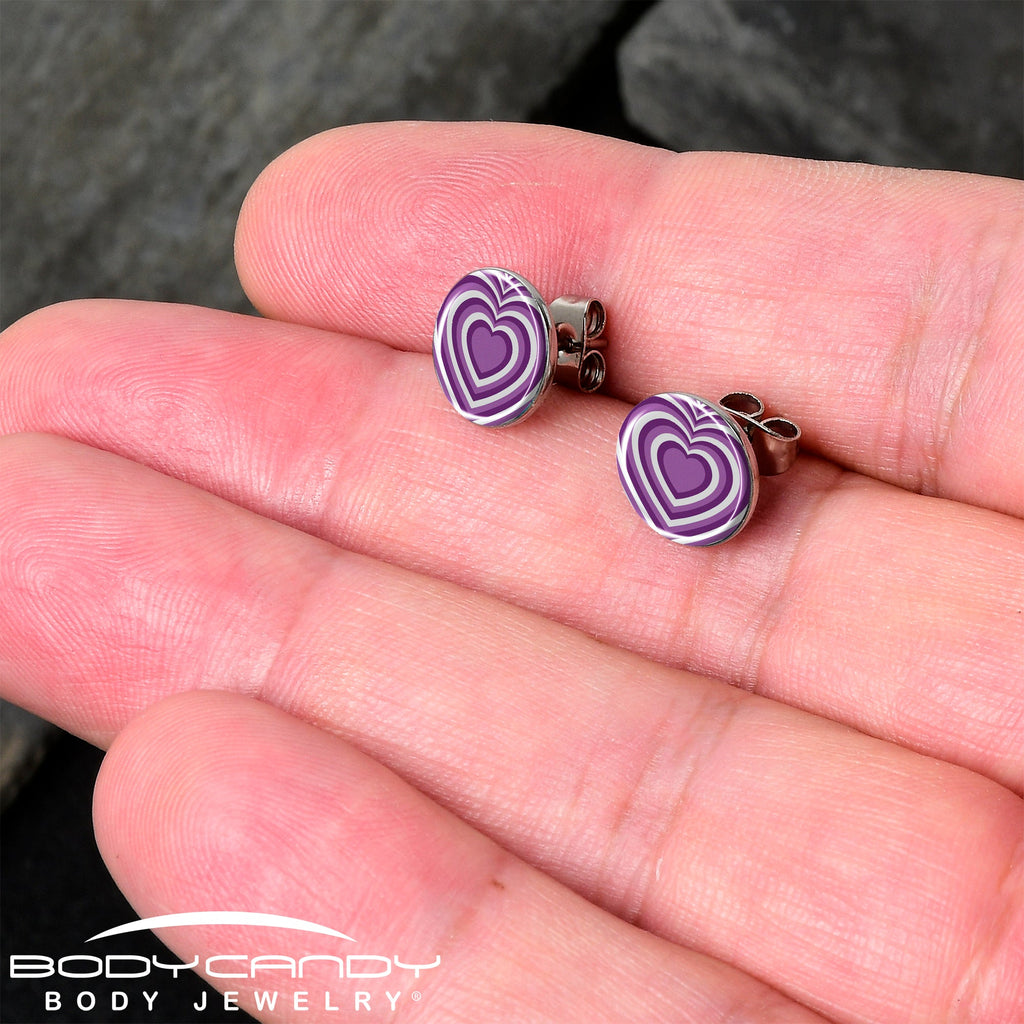 BodyCandy Purple Retro Heart Stud Earrings by Onyx O — detail close-up