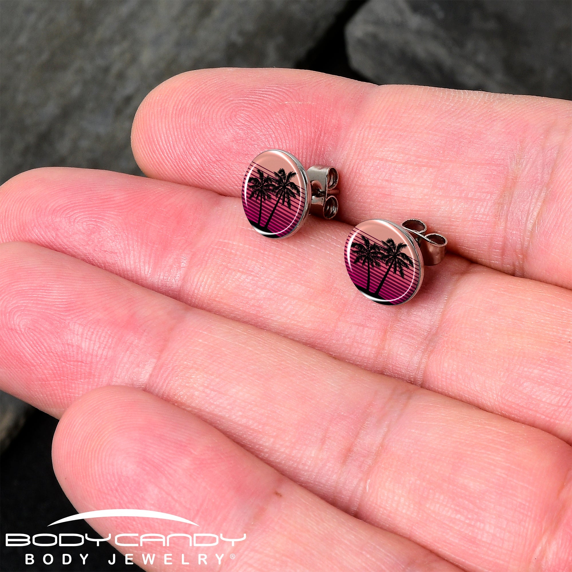 BodyCandy Palm Tree Retro Sunset Stud Earrings by Onyx O — detail close-up