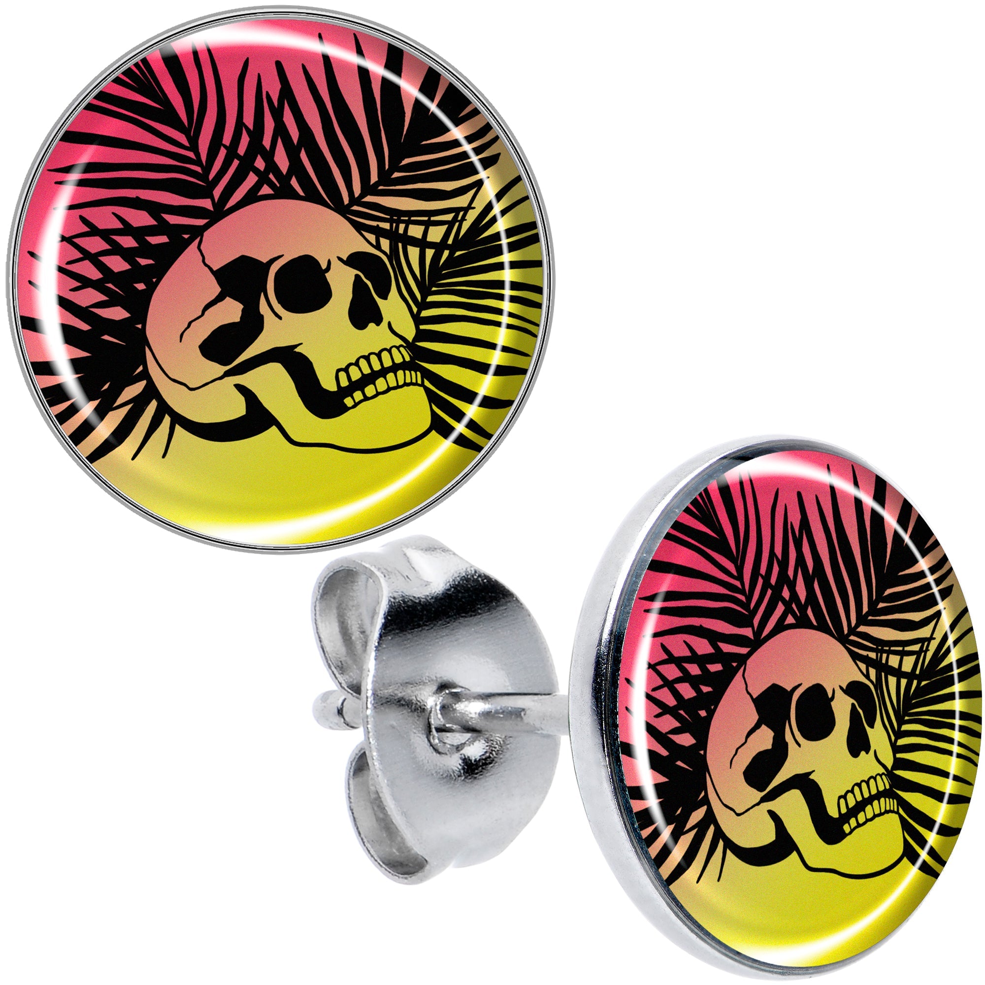 BodyCandy Red Haze Sunset Skull and Palms Stud Earrings by Onyx O — main product shot
