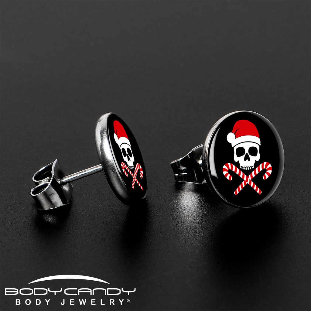 BodyCandy Santa Pirate Candy Cane Skull Stud Earrings by Onyx O — lifestyle context